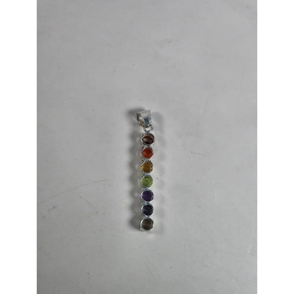Vintage Sterling Silver Rainbow Gemstone Pendant | Multistone Vertical Charm - Picture 6 of 7